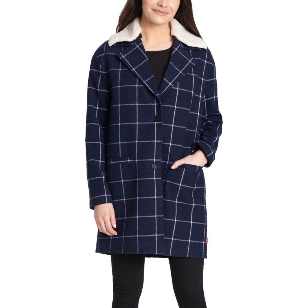 LEVIS Plaid Wool Trench Coat Faux Shearling Navy Blue Small